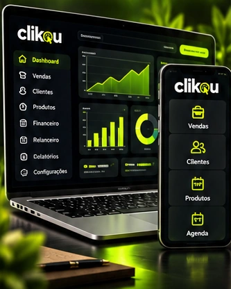 Representação de sistema de gestão Clikou no notebook e smartphone