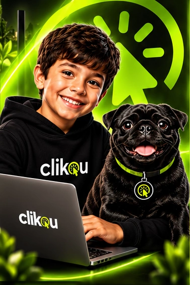 Mascotes da Clikou: menino com notebook e pug preto